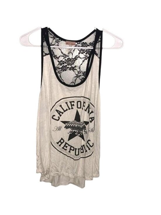 Fashion Magazine Tops - California Republic Graphic Tank Top With Lace Back Black & White L